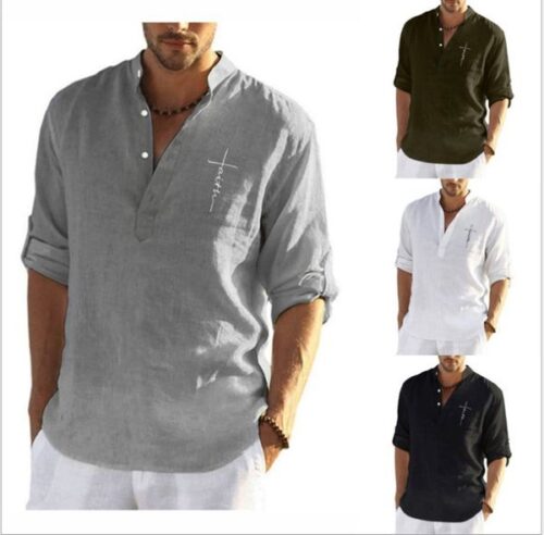 2023 new men's casual shirts cotton and hemp solid long sleeve shirt loose standing neck wear