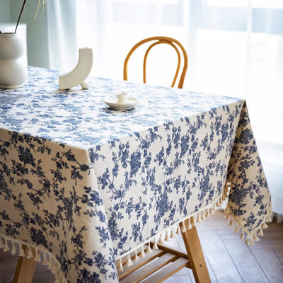 French Vintage Blue Rose Floral Cotton Linen Fabric, Stitching Tassel Rectangle Tablecloth(55X86 Inches)