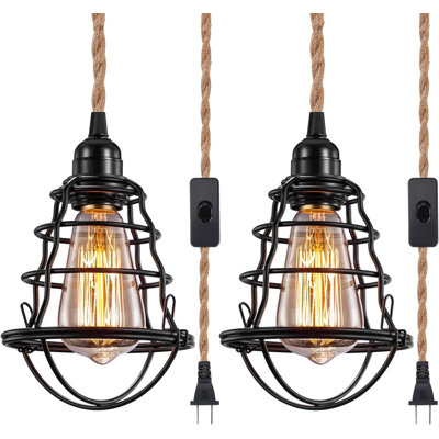 Industrial Plug In Pendant Light, Vintage Hanging Lights With Plug In Cord, Metal Cage Hanging Lamp With 13Ft Hemp Rope Plug In Pendant Lighting Fixtu