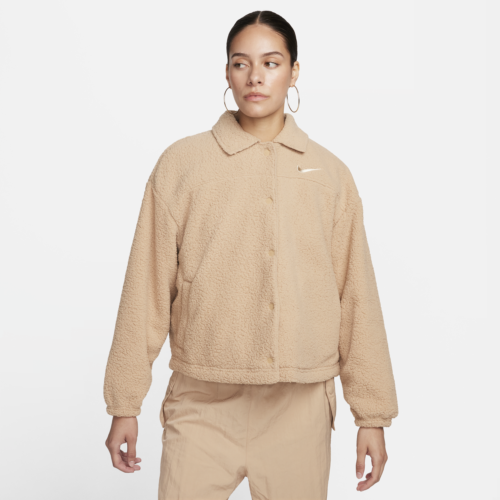 Women's Nike Sportswear Collared High-Pile Fleece Jacket in Brown, Size: Large | FB8707-200