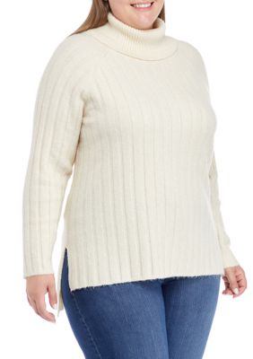 Wonderly Women's Plus Size Ribbed Turtleneck Tunic Sweater, Beige