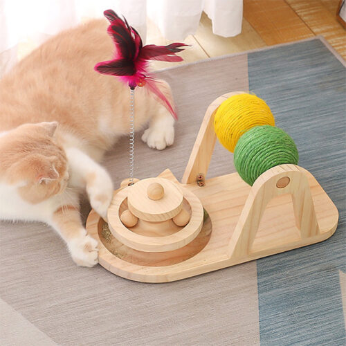 Wooden Cat Toy - Double Scratching Balls - Hemp Rope