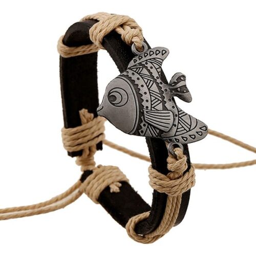 ethnic handmade hemp rope genuine leather bracelets zinc alloy kiss fish braided cowhide bangles jewelry accessories for unisex