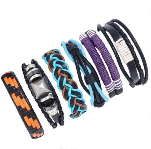 fashion braid series men woman cowhide bracelet diy beaded strands black blue combination suit bracelet 6styles/1set
