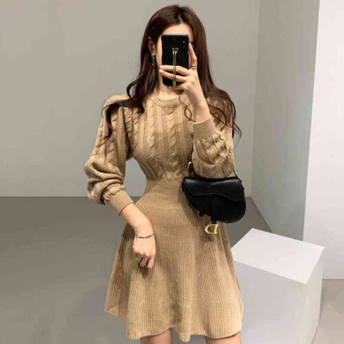 jxmyy autumn new products korean chic western style round neck hemp pattern waist is thinner short a-line knitted dress 210412