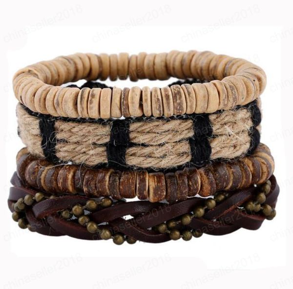 men's genuine leather bracelet diy retro wood bead coconut husk hemp rope beading combination suit bracelet 4styles/1set