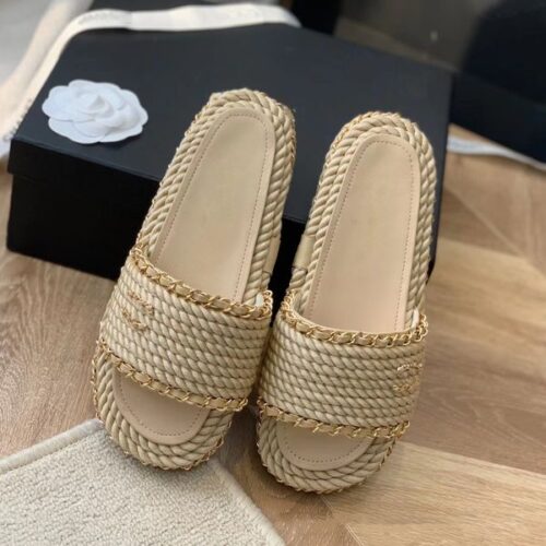 straw woven brand slippers summer leather chain sandels soft thick soles fisherman hemp rope slippers