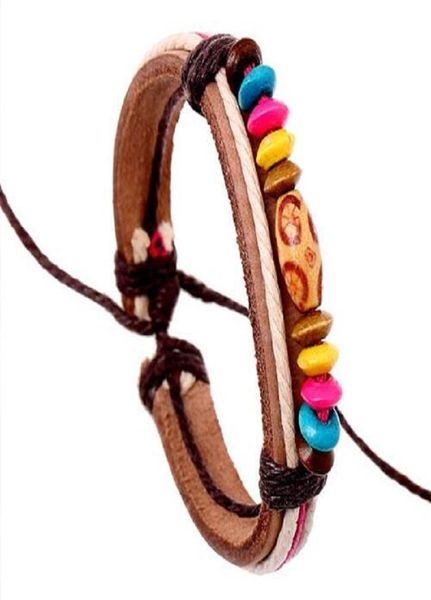 surfer candy color natural wood beads female charm bracelet handmade hemp rope wrap real leather strap bracelet bohemian jewelry3217023