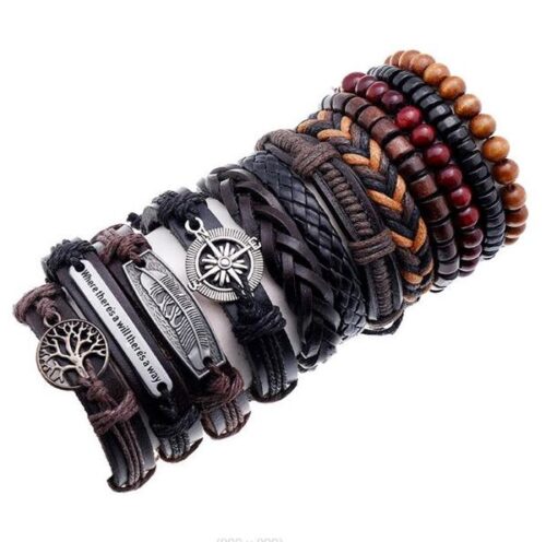 vintage woven cowhide bracelet diy 12 style 12 piece suit men's leather chain arm ornament feather lucky tree wooden bead hand string